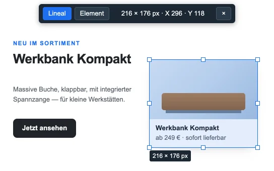 OpenRuler misst ein Seitenelement: Rechteck mit Breite und Höhe in Pixeln.